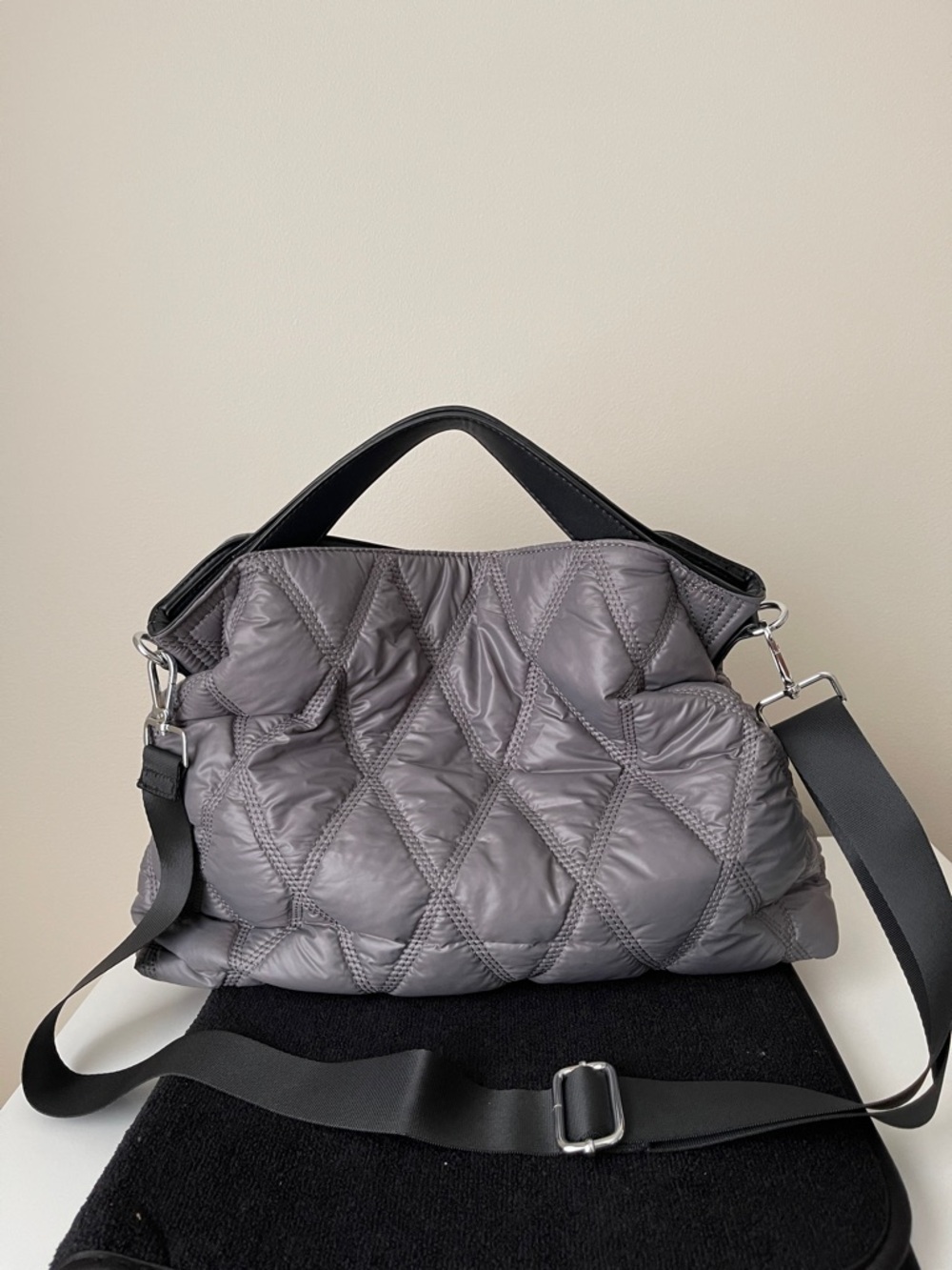 NWOT...Quilted Puffer Top-Handle Crossbody Bag in Gray With Detachable Strap